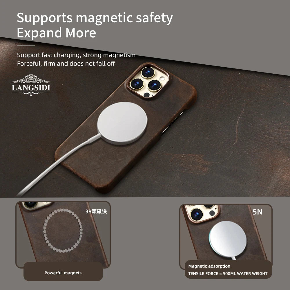 for Magsafe Case for iPhone 15 16 17 Pro Max Air Retro Luxury Full Grain Cowhide Genuine Oiled PULL-UP Leather Magnetic Cover