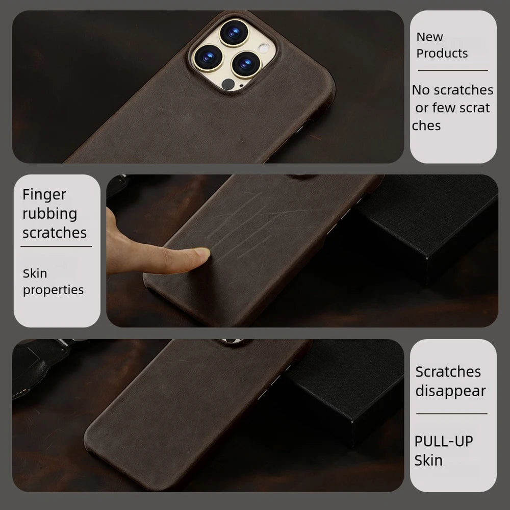 for Magsafe Case for iPhone 15 16 17 Pro Max Air Retro Luxury Full Grain Cowhide Genuine Oiled PULL-UP Leather Magnetic Cover