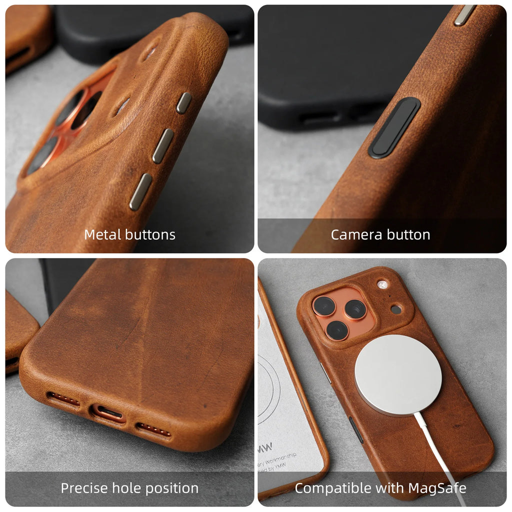 YMW Charles F Stead Waxed Genuine Leather Case for iPhone 17 16 Pro Max 15 Luxury Genuine Leather Handmade Phone Cover