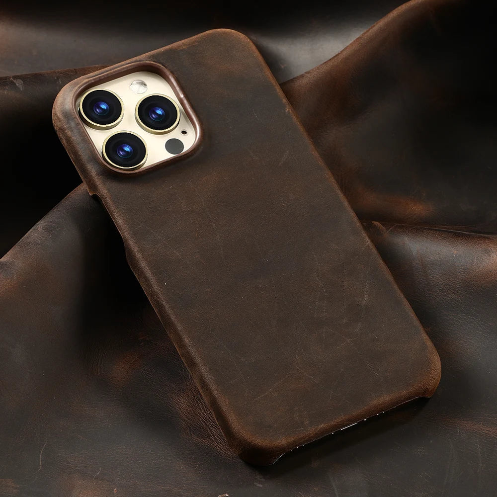 for Magsafe Case for iPhone 15 16 17 Pro Max Air Retro Luxury Full Grain Cowhide Genuine Oiled PULL-UP Leather Magnetic Cover