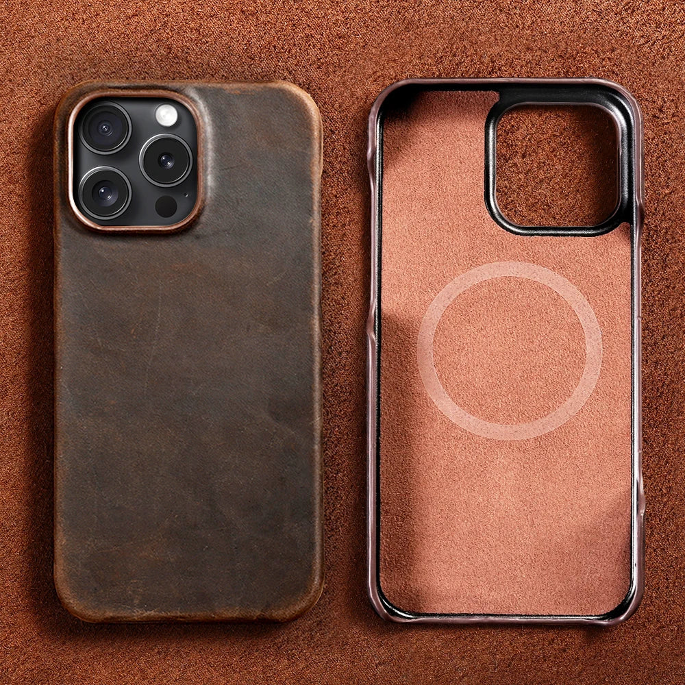 for Magsafe Case for iPhone 15 16 17 Pro Max Air Retro Luxury Full Grain Cowhide Genuine Oiled PULL-UP Leather Magnetic Cover